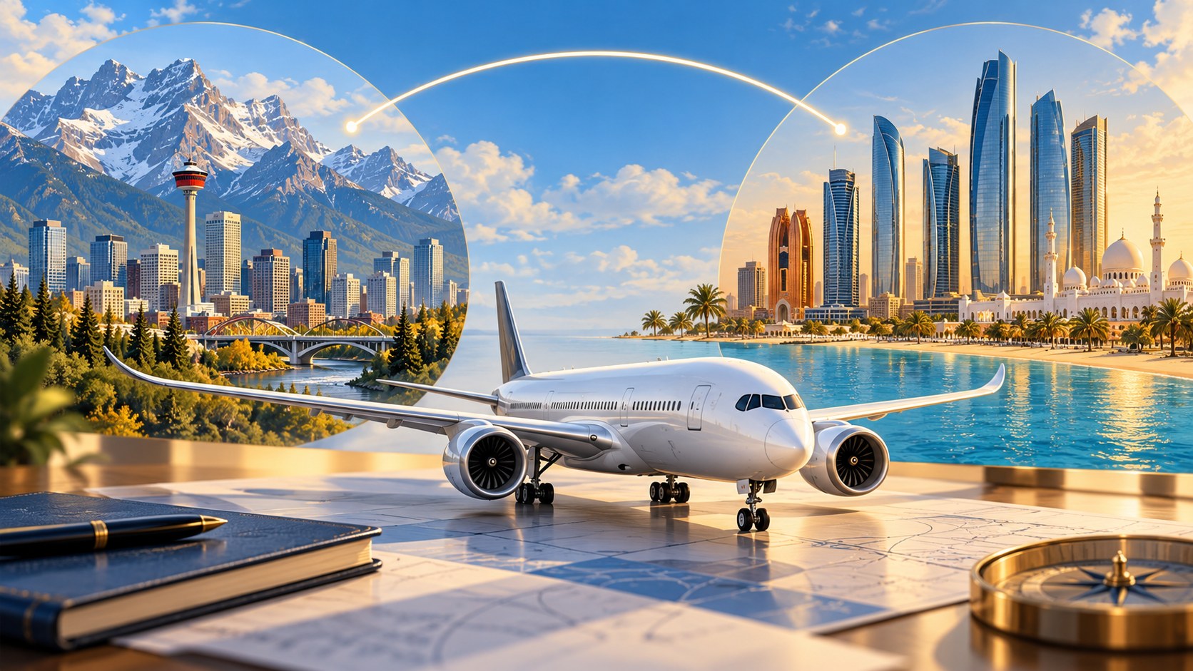 Editorial illustration of an aircraft model linking Calgary and Abu Dhabi skylines; not the actual inaugural flight