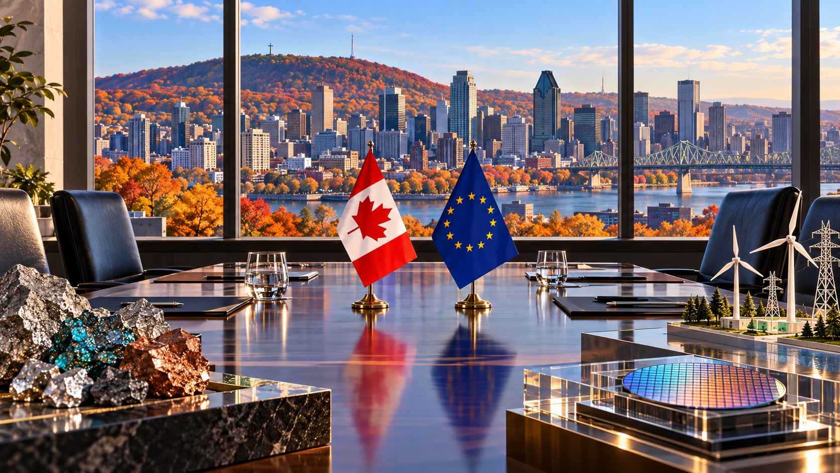 Editorial illustration of a Canada–EU conference table overlooking Montréal, with energy, mineral and semiconductor motifs; not an actual meeting
