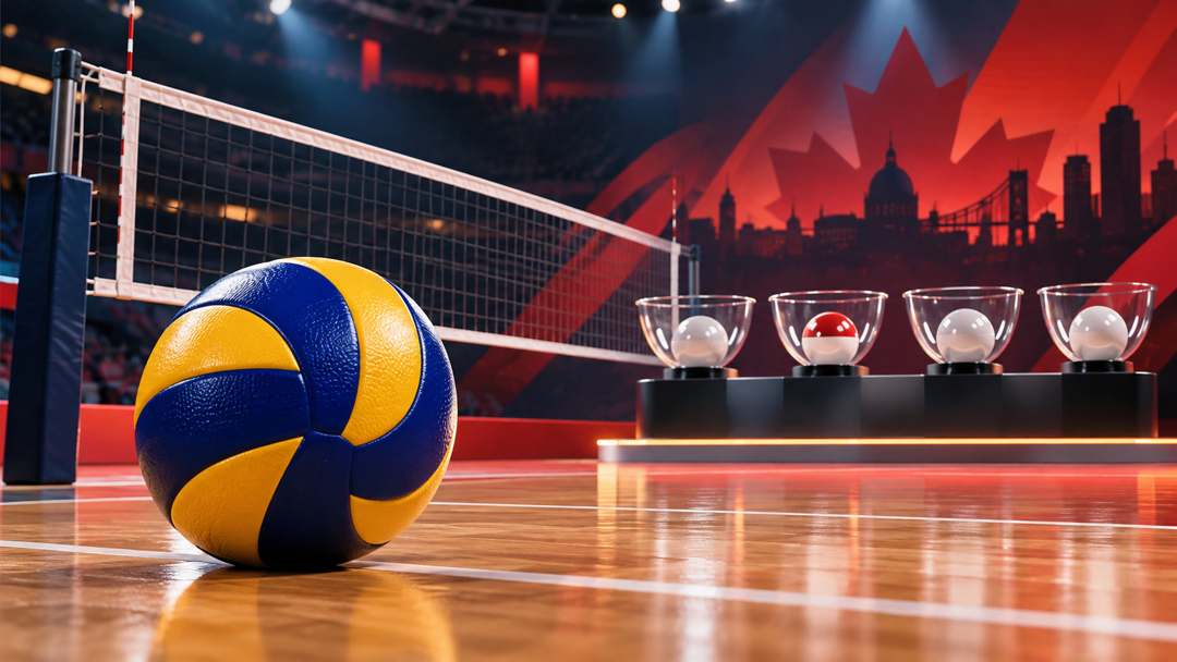 Editorial illustration of an indoor volleyball, net and tournament draw markers; not the actual Centre Bell or draw ceremony.