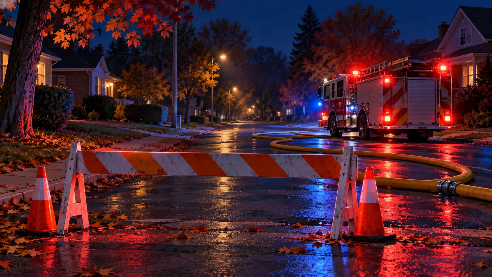 Editorial illustration of a quiet residential street behind a road-closure barrier, with fire equipment; not the actual incident