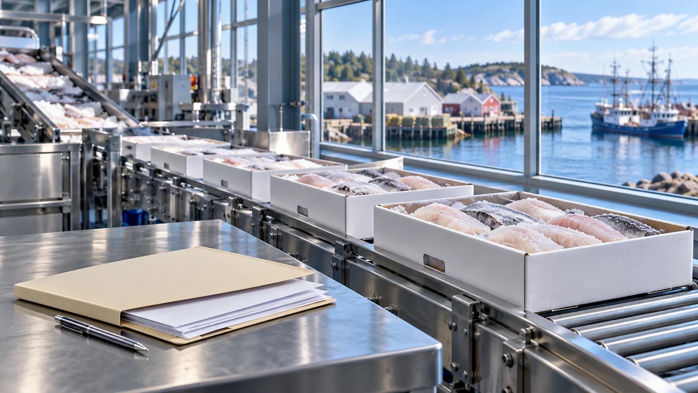 Editorial illustration of frozen-seafood processing equipment, shipping cartons and transaction papers; not an actual facility or signing.