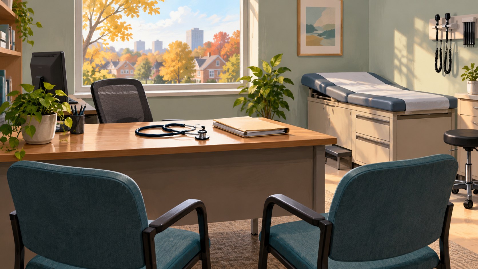 Editorial illustration of an empty consultation room with a stethoscope and clinic chairs; not a particular clinic