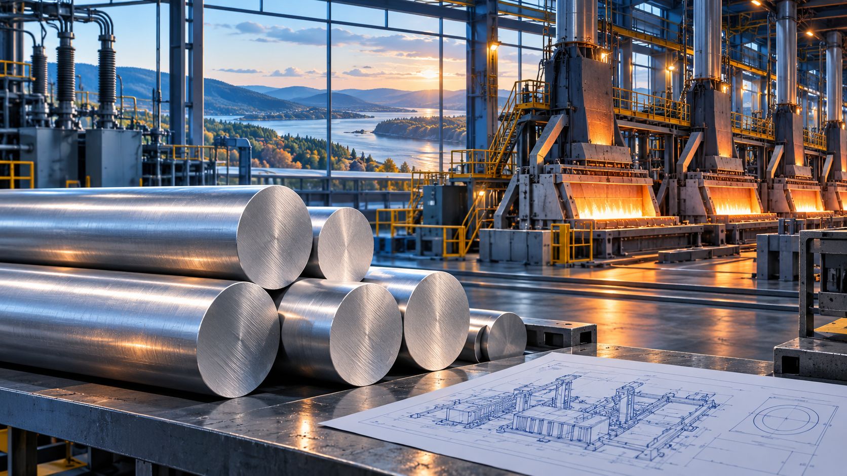 Editorial illustration of aluminum billets and modernization plans in an industrial setting; not either actual project