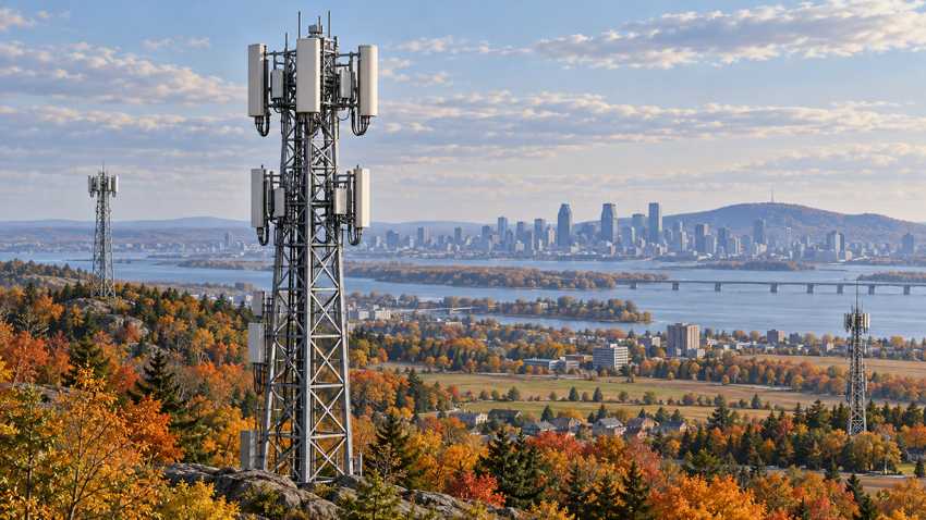 Editorial illustration of cellular towers across an autumn Canadian landscape; not an actual Bell site.