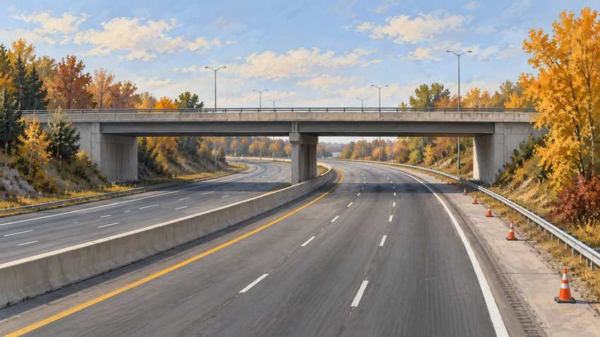 Editorial illustration of a divided highway, overpass and traffic cones, without depicting the actual collision