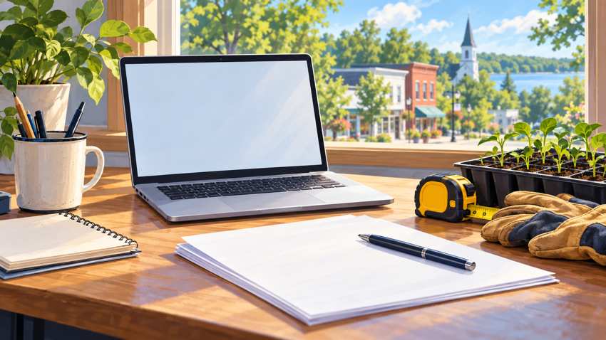 Editorial illustration of an employer application desk with blank forms, a laptop and summer work tools