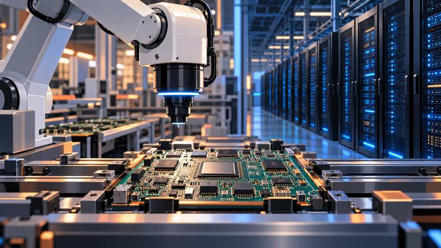 Editorial illustration of circuit-board assembly and data-centre racks; not an actual Celestica facility.