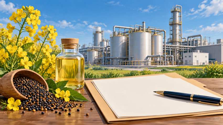 Editorial illustration of a low-carbon fuel facility, canola plants and a blank consultation folder