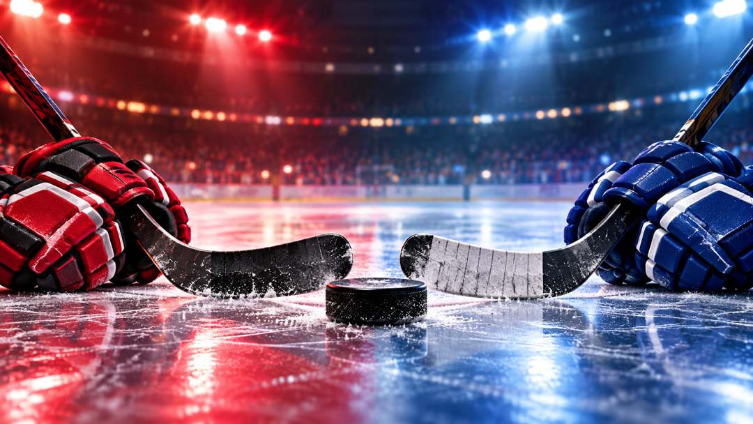 Editorial illustration of a puck, hockey sticks and red and blue equipment beside an indoor rink; not actual game action or an actual arena.