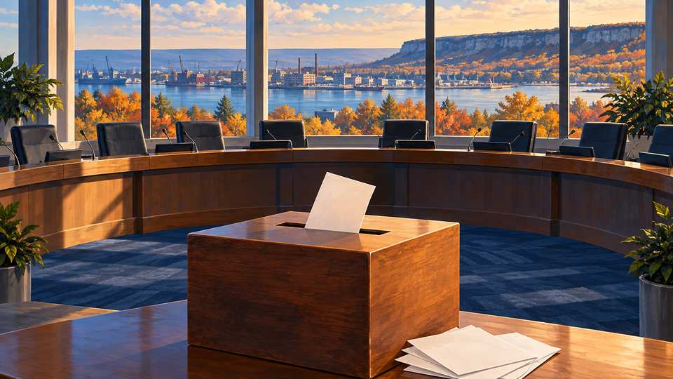 Editorial illustration of a ballot box, empty council chamber and Hamilton harbour landscape