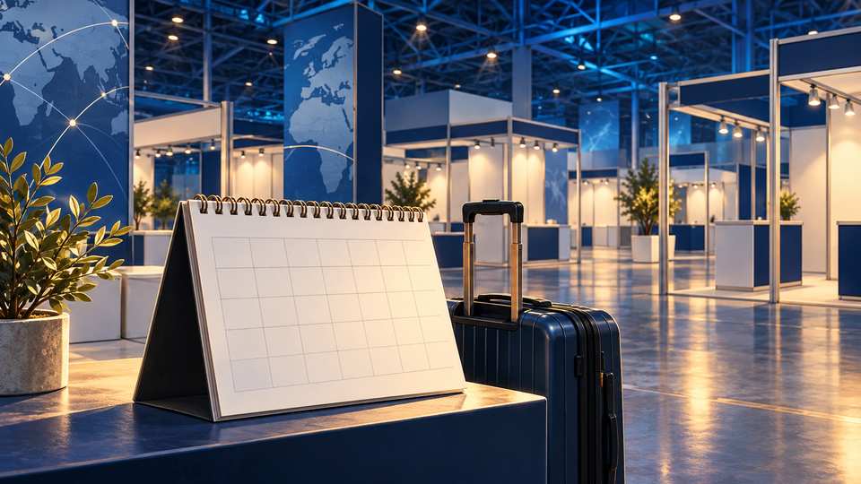 Editorial illustration of an empty exhibition hall, a blank desk calendar and a travel suitcase