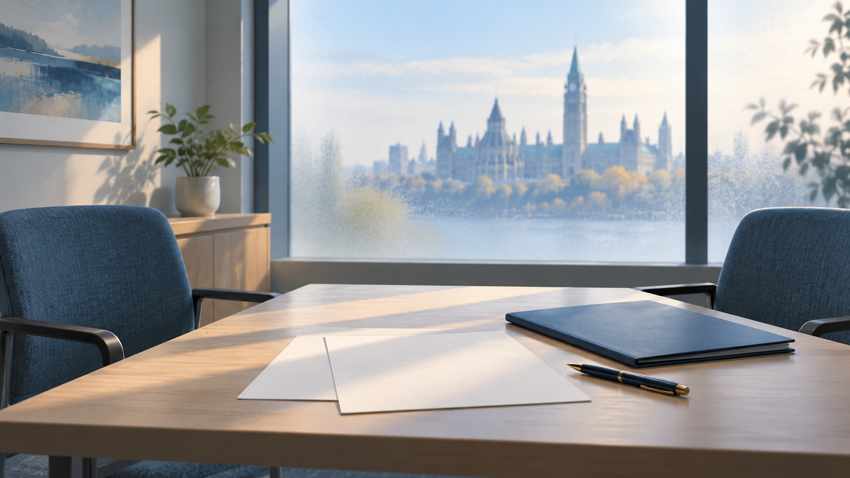 Editorial illustration of blank planning papers on an empty consultation table, with Parliament suggested in the distance; not a patient or actual advance request.