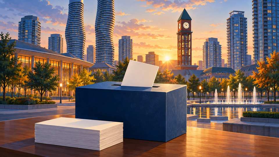 Editorial illustration of a ballot box and a stylized Mississauga civic square