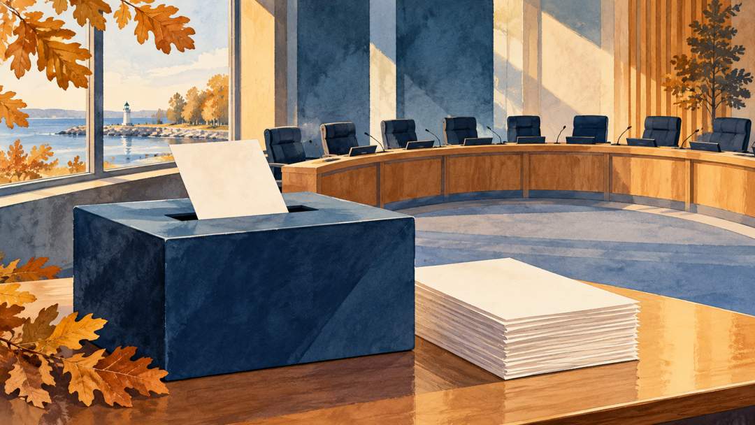 Editorial illustration of a municipal ballot box, blank papers and council seats; not an actual Oakville voting location or meeting.