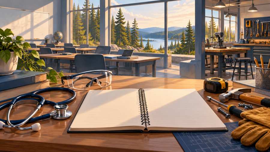 Editorial illustration combining a study desk, health-training equipment and skilled-trades tools; not an identified campus.