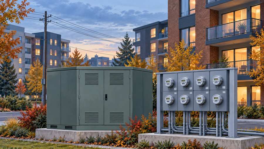 Editorial illustration of local electricity distribution equipment and apartment buildings; not an actual utility site.