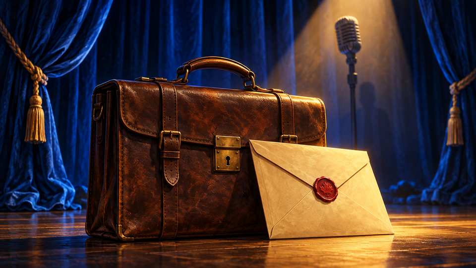 Editorial illustration of a vintage briefcase and sealed envelope in a theatre spotlight