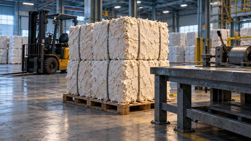 Editorial illustration of pulp bales beside an industrial worktable in an empty paper-products facility; not the actual workplace or incident.