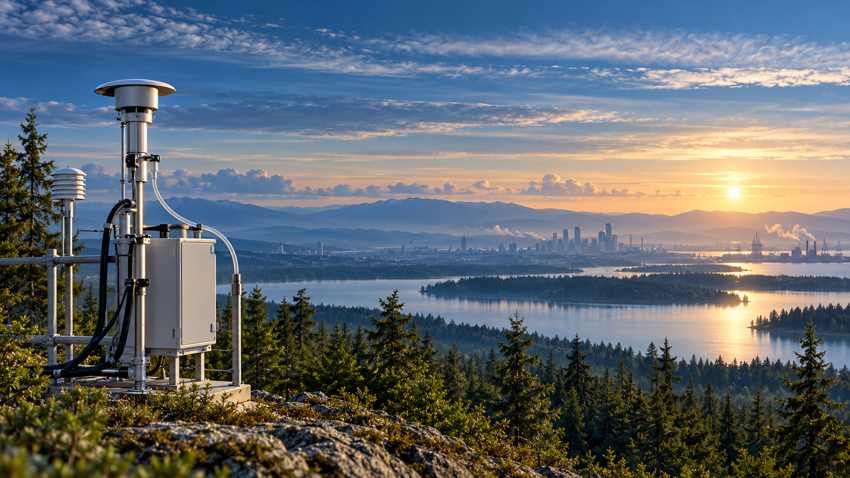 Editorial illustration of an atmospheric monitoring instrument overlooking forest and distant development; not an actual WMO station.