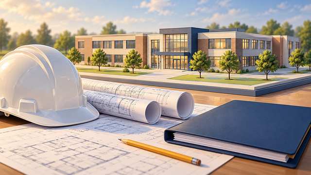 Conceptual editorial illustration of a school construction plan, hard hat and an imagined school building.