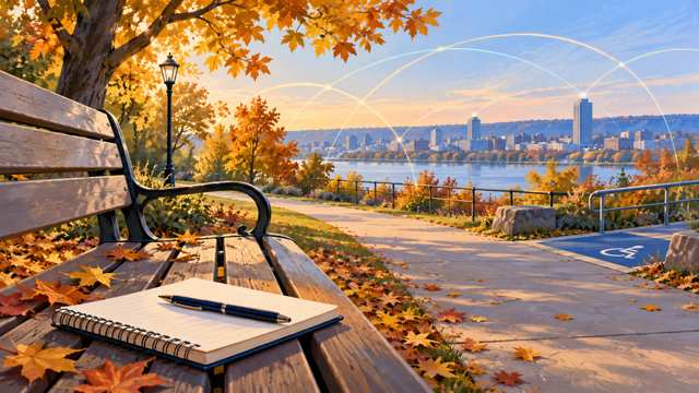 Conceptual editorial illustration of a park bench and community reporting notebook; not an actual hate incident.