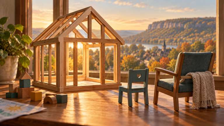Editorial illustration of an unfinished wooden house model beside child and caregiver chairs, symbolizing a children’s hospice being built