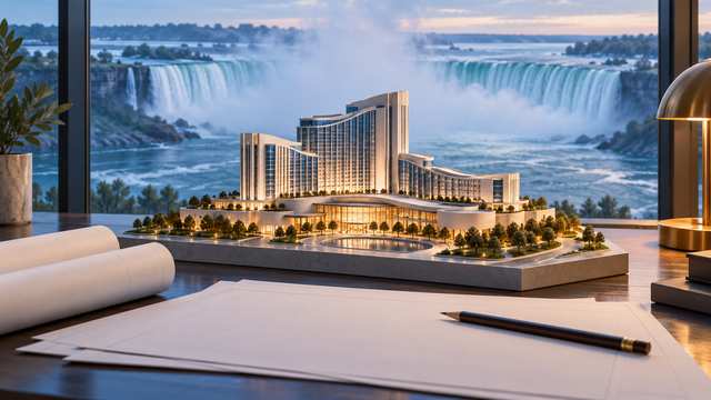 Conceptual tourism investment planning illustration with Niagara Falls in the distance and a resort model on a desk.