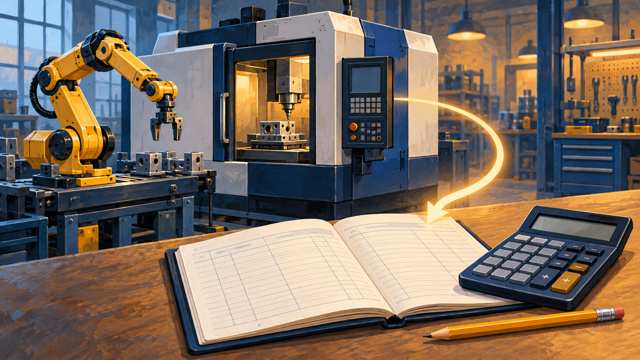 Editorial illustration of factory equipment beside accounting documents, representing proposed capital-investment deductions.
