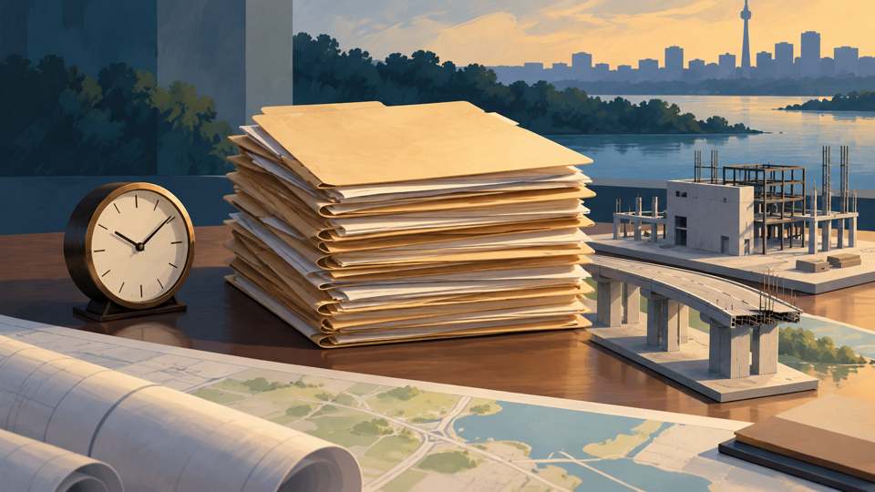 Editorial illustration of permit folders and a clock beside miniature infrastructure models