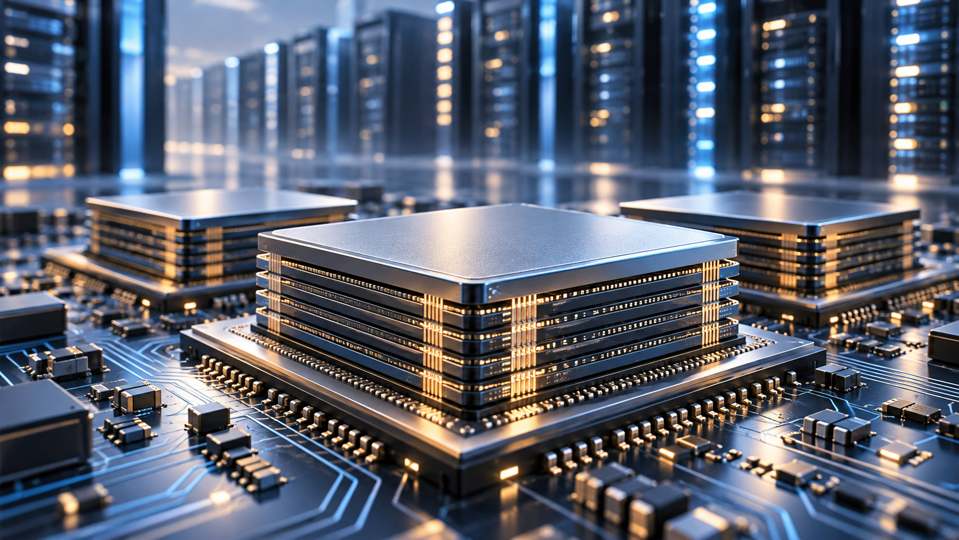 Editorial illustration of stacked memory chips with data-centre racks in the background
