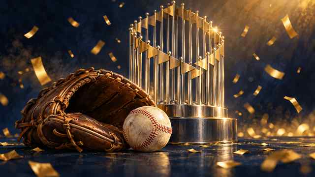 Editorial illustration of a baseball, glove and championship-inspired trophy in navy and gold.