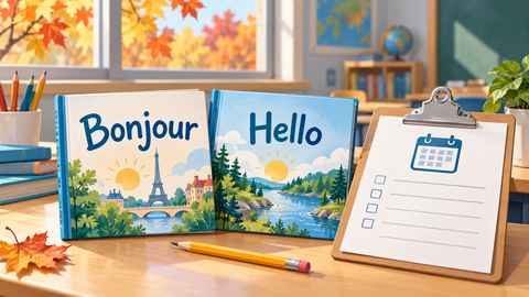 Editorial illustration of French and English learning books beside a school application clipboard.