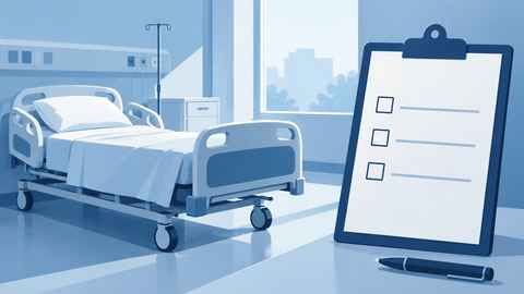 Editorial illustration of an empty hospital bed and a blank staffing clipboard.