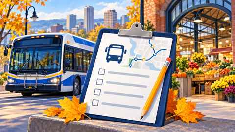 Editorial illustration of a bus and a transit feedback clipboard beside a downtown market.