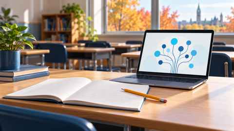 Editorial illustration of a classroom laptop beside an open notebook and pencil.