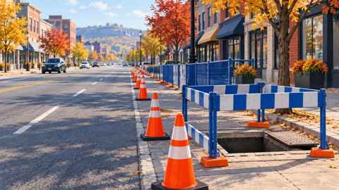 Editorial illustration of traffic cones and utility work on an urban street.