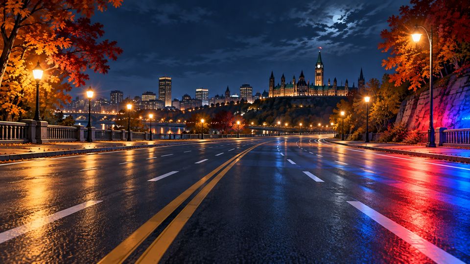 Editorial illustration of an empty Ottawa road with distant emergency-light reflections.