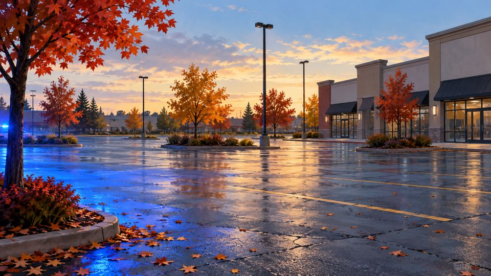 Editorial illustration of an empty suburban plaza parking lot with distant blue emergency-light reflections.