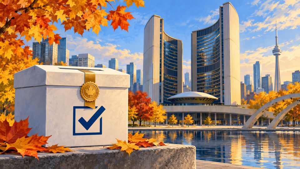 Editorial illustration of Toronto City Hall and a symbolic ballot box.