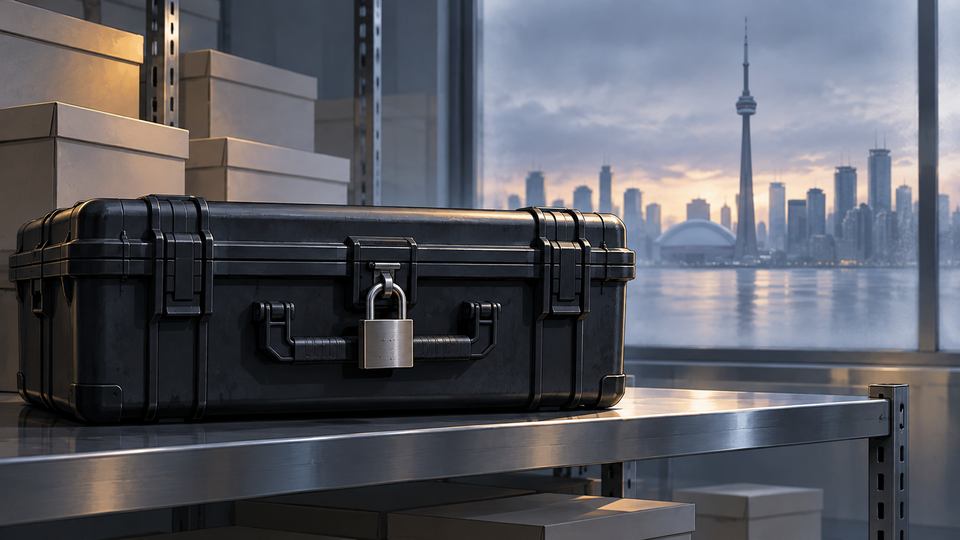 Editorial illustration of secured evidence storage, a locked case and Toronto skyline; not actual police evidence.