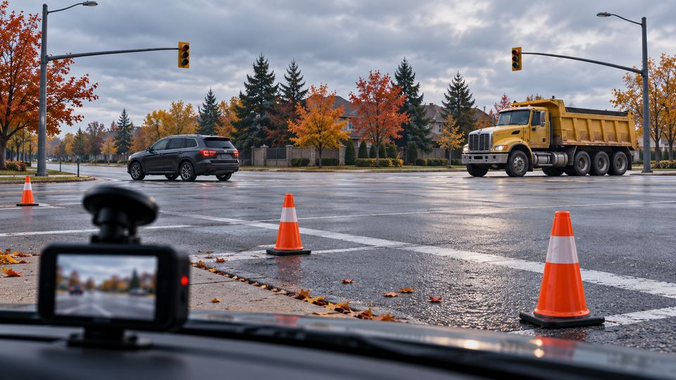 Editorial illustration of an intersection with traffic cones, an SUV and dump truck in separate lanes; not the actual collision.