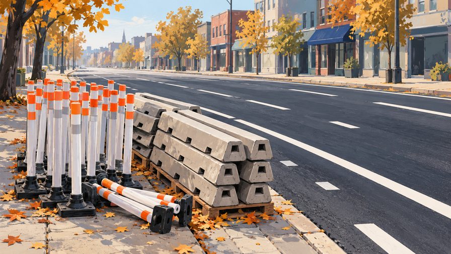 Editorial illustration of removed curb separators and delineator posts beside a resurfaced urban roadway; not a photograph of Bloor Street.