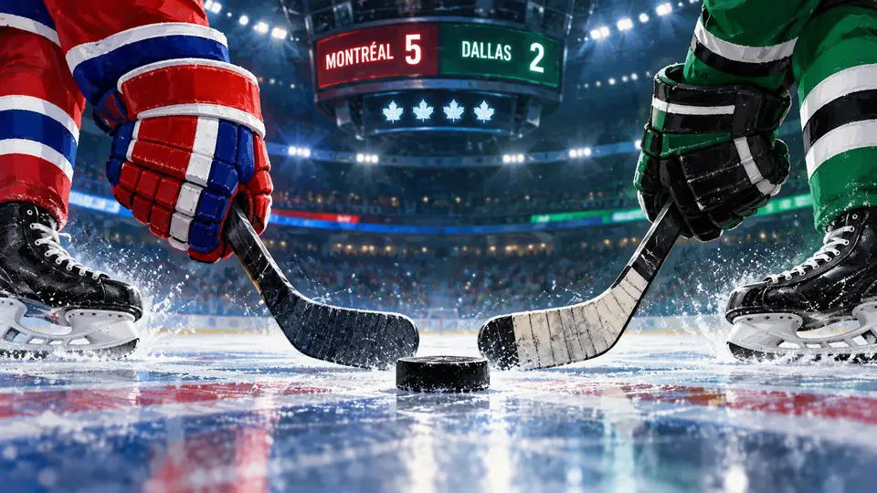 Editorial illustration of red, white and blue hockey equipment opposite green and black equipment, with a 5–2 score; not game photography.