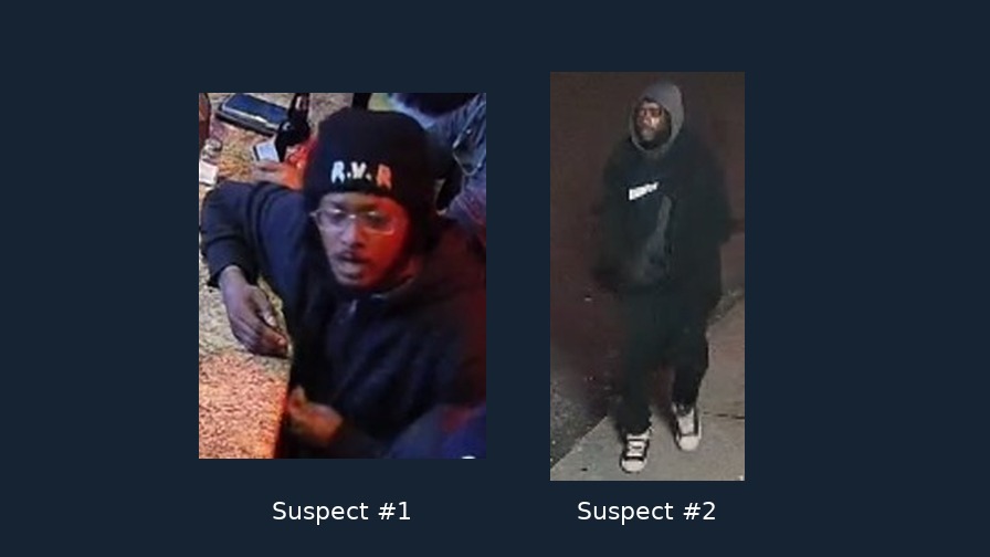 Two unidentified suspects shown in surveillance photographs released by Toronto police for the Eglinton Avenue East and Brimley Road assault appeal; suspect one at left and suspect two at right.