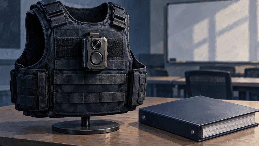 Editorial illustration of body-camera equipment on an empty vest; not an actual Ottawa police device.