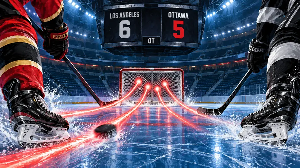 Editorial illustration of Ottawa’s four-goal rally and a Los Angeles6–Ottawa5 overtime scoreboard; not game photography.