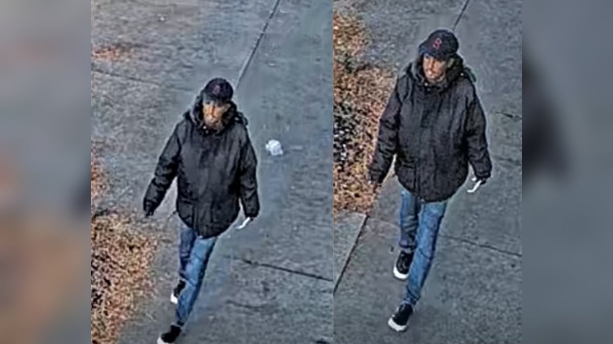 Two police-released surveillance views of the unidentified suspect in the Hall Avenue public appeal. Windsor Police Service via AM800; exact capture date unknown.