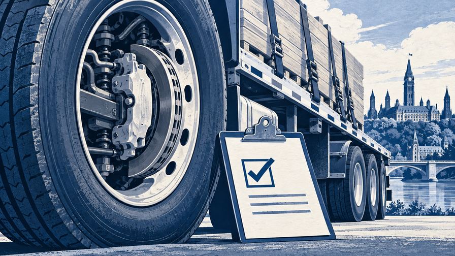 Editorial illustration of commercial-truck safety inspections and secure loads.