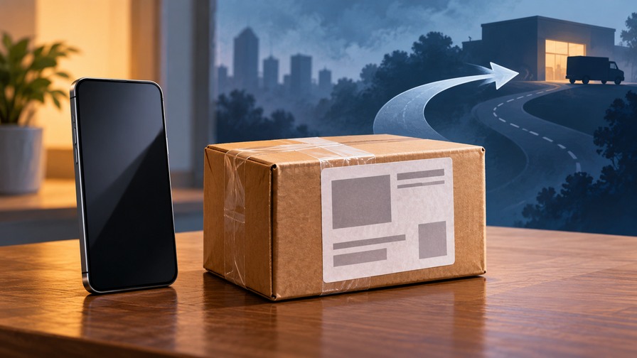 Editorial illustration of a smartphone beside a parcel and abstract return label.