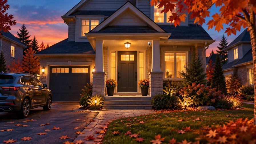 Editorial illustration of a lit suburban entrance, secure door, security camera and parked car at autumn dusk.